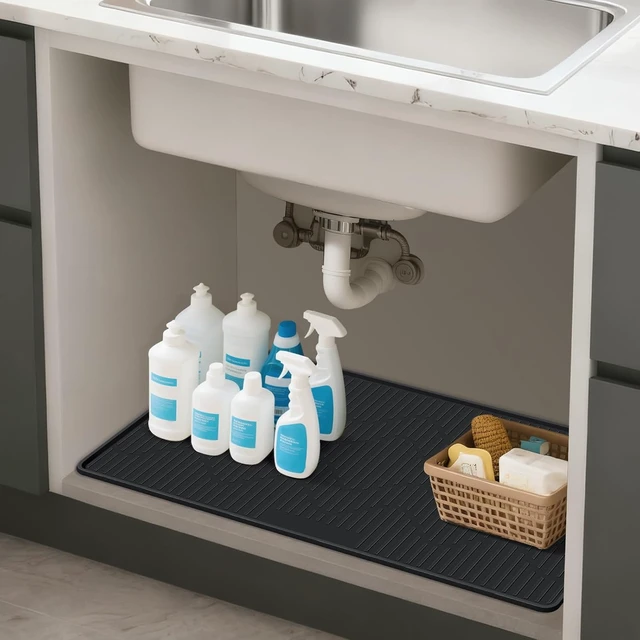 Alt view image 4 of 7 - 32" x 22" Under Sink Mat for Kitchen Under Sink Organizer Black