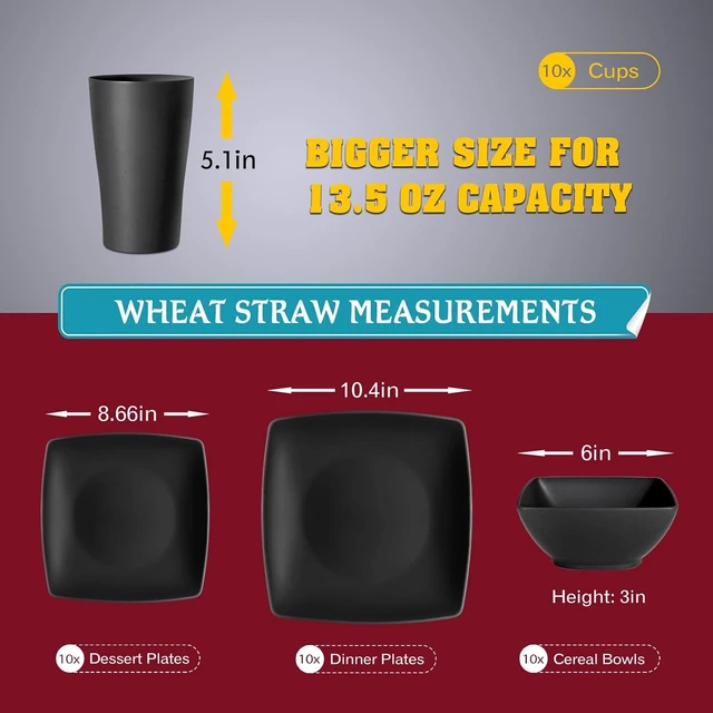 Alt view image 2 of 6 - 40-piece Plates and Bowls Sets for 10, Black Square Dinnerware Sets