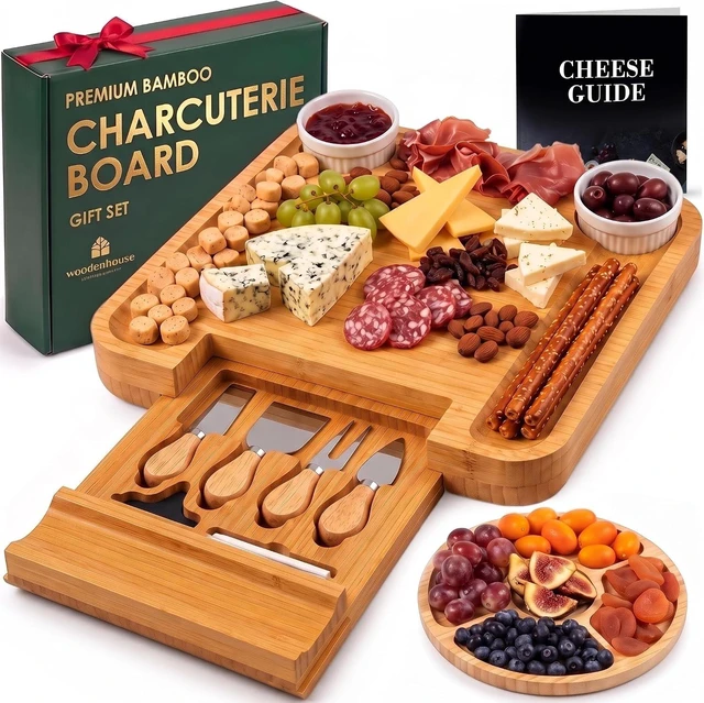 Main image of Bamboo Charcuterie Boards Gift Set - Meat and Cheese Tray with Utensils