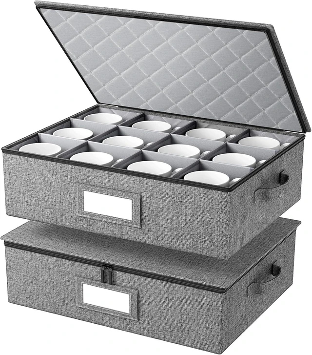 Main image of Mug Storage Box with Hard Shell and Dividers, Stackable China Storage Organizers for Moving, Holds 12 Coffee Mugs, Tea Cups, Glasses for Home Kitchen, 2 Pack Grey