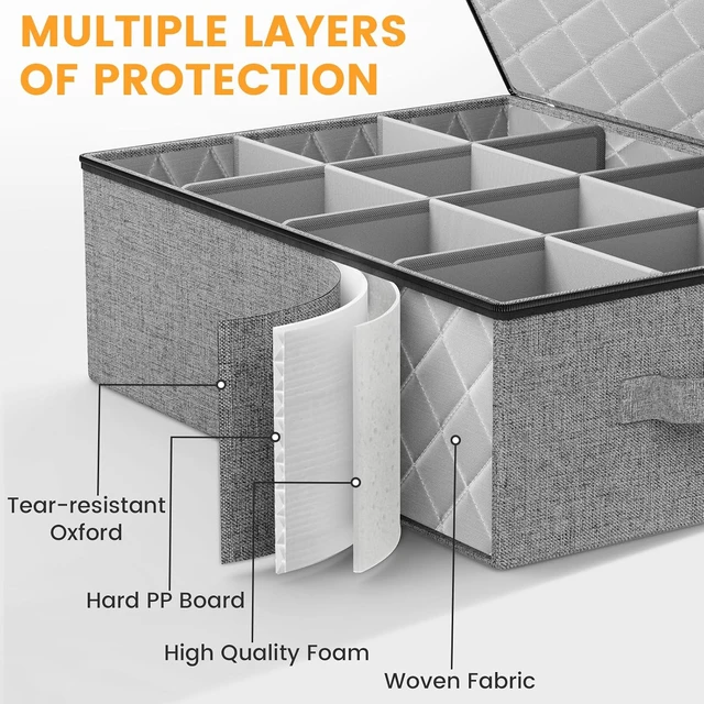 Alt view image 2 of 6 - Mug Storage Box with Hard Shell and Dividers, Stackable China Storage Organizers for Moving, Holds 12 Coffee Mugs, Tea Cups, Glasses for Home Kitchen, 2 Pack Grey
