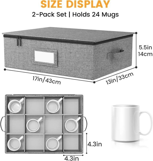 Alt view image 4 of 6 - Mug Storage Box with Hard Shell and Dividers, Stackable China Storage Organizers for Moving, Holds 12 Coffee Mugs, Tea Cups, Glasses for Home Kitchen, 2 Pack Grey