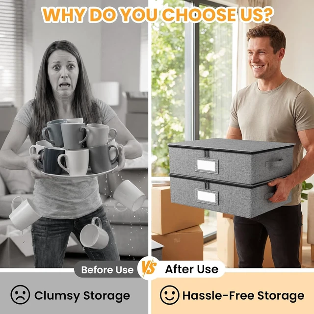 Alt view image 5 of 6 - Mug Storage Box with Hard Shell and Dividers, Stackable China Storage Organizers for Moving, Holds 12 Coffee Mugs, Tea Cups, Glasses for Home Kitchen, 2 Pack Grey