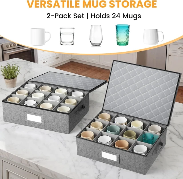 Alt view image 6 of 6 - Mug Storage Box with Hard Shell and Dividers, Stackable China Storage Organizers for Moving, Holds 12 Coffee Mugs, Tea Cups, Glasses for Home Kitchen, 2 Pack Grey