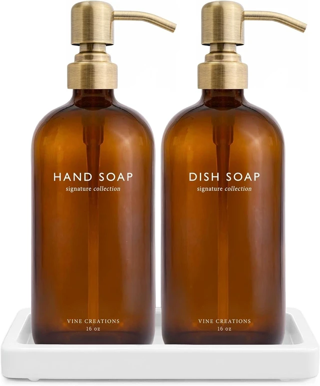Main image of Amber Glass Soap Dispenser Set, Kitchen Soap Dispenser Set with Ceramic Tray, 16 oz Dish Soap and Hand Soap Dispensers with Stainless Steel Pump Decor (Amber Bottle/Brushed Brass)