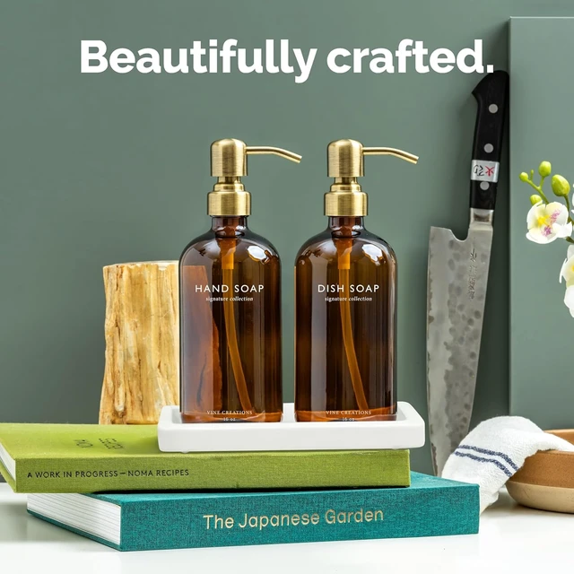Alt view image 2 of 6 - Amber Glass Soap Dispenser Set, Kitchen Soap Dispenser Set with Ceramic Tray, 16 oz Dish Soap and Hand Soap Dispensers with Stainless Steel Pump Decor (Amber Bottle/Brushed Brass)