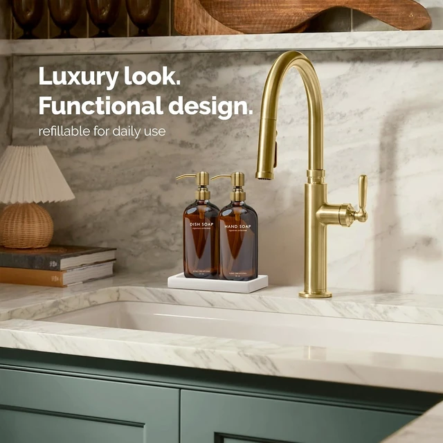 Alt view image 3 of 6 - Amber Glass Soap Dispenser Set, Kitchen Soap Dispenser Set with Ceramic Tray, 16 oz Dish Soap and Hand Soap Dispensers with Stainless Steel Pump Decor (Amber Bottle/Brushed Brass)