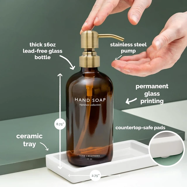 Alt view image 4 of 6 - Amber Glass Soap Dispenser Set, Kitchen Soap Dispenser Set with Ceramic Tray, 16 oz Dish Soap and Hand Soap Dispensers with Stainless Steel Pump Decor (Amber Bottle/Brushed Brass)