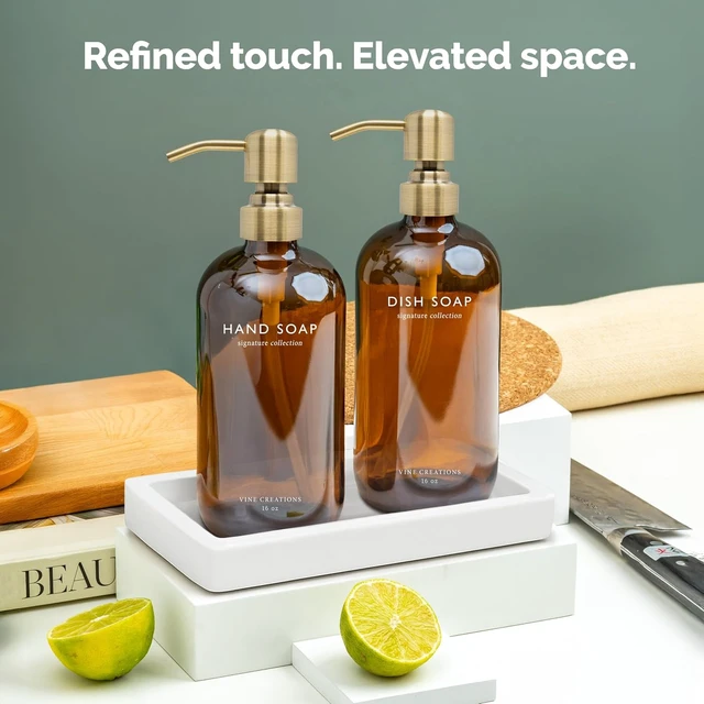 Alt view image 6 of 6 - Amber Glass Soap Dispenser Set, Kitchen Soap Dispenser Set with Ceramic Tray, 16 oz Dish Soap and Hand Soap Dispensers with Stainless Steel Pump Decor (Amber Bottle/Brushed Brass)