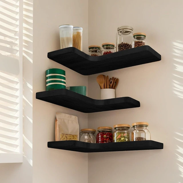 Alt view image 4 of 7 - Floating Corner Shelves Set of 3, Solid Wood Picture Wall Shelf, Floating Shelves for Storage for Bedroom Kitchen Bathroom Living Room (Black)