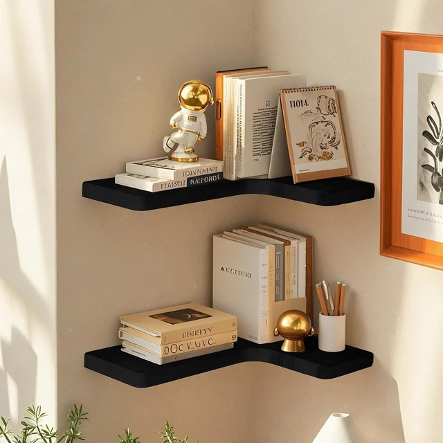 Alt view image 5 of 7 - Floating Corner Shelves Set of 3, Solid Wood Picture Wall Shelf, Floating Shelves for Storage for Bedroom Kitchen Bathroom Living Room (Black)