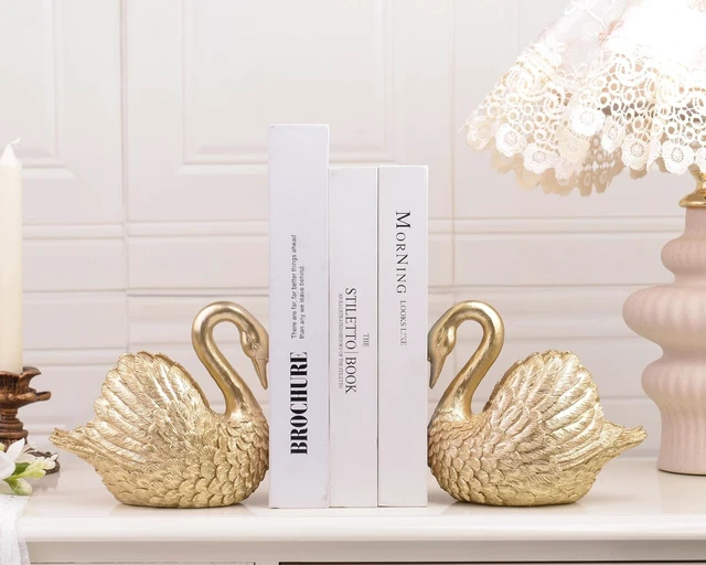 Alt view image 2 of 7 - Swan Decorative Bookends,Resin Book Ends for Shelves,Unique Gold Book Holders,Heavy Duty Swan Decor for Home Office Desk Bookshelf,Set of 2,Gifts for Anniversary