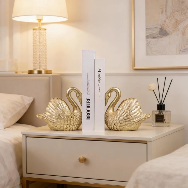 Alt view image 7 of 7 - Swan Decorative Bookends,Resin Book Ends for Shelves,Unique Gold Book Holders,Heavy Duty Swan Decor for Home Office Desk Bookshelf,Set of 2,Gifts for Anniversary