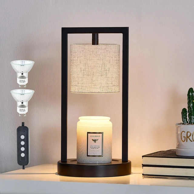 Main image of Candle Warmer Lamp with Timer, Black Candle Lamps Linen Fabric Shade, 3-Level Dimmable Candle Warming Wax Melt Warmer for Scented Wax, 50W Electric Warmer Lamp for Women Home Decor (2 Bulbs Included)