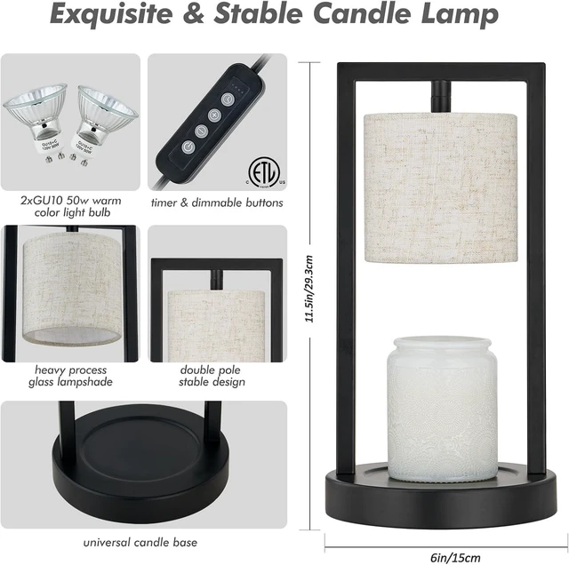 Alt view image 2 of 2 - Candle Warmer Lamp with Timer, Black Candle Lamps Linen Fabric Shade, 3-Level Dimmable Candle Warming Wax Melt Warmer for Scented Wax, 50W Electric Warmer Lamp for Women Home Decor (2 Bulbs Included)