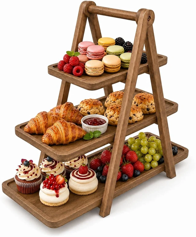 Main image of Acacia Wood 3 Tier Foldable Serving Tray, Farmhouse Tiered Display Stand for Charcuterie, Cheese, Desserts & Snacks, Wooden Organizer for Kitchen Counter, Coffee Bar and Party Entertaining