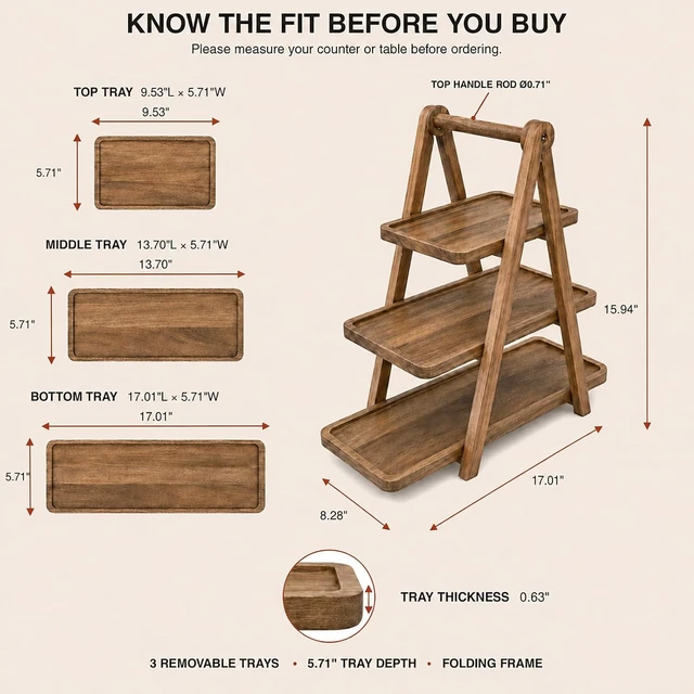 Alt view image 2 of 7 - Acacia Wood 3 Tier Foldable Serving Tray, Farmhouse Tiered Display Stand for Charcuterie, Cheese, Desserts & Snacks, Wooden Organizer for Kitchen Counter, Coffee Bar and Party Entertaining