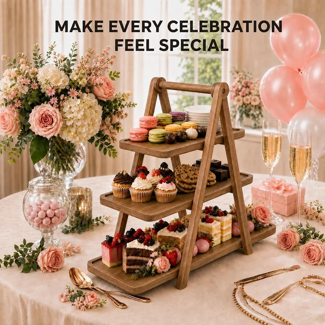 Alt view image 3 of 7 - Acacia Wood 3 Tier Foldable Serving Tray, Farmhouse Tiered Display Stand for Charcuterie, Cheese, Desserts & Snacks, Wooden Organizer for Kitchen Counter, Coffee Bar and Party Entertaining
