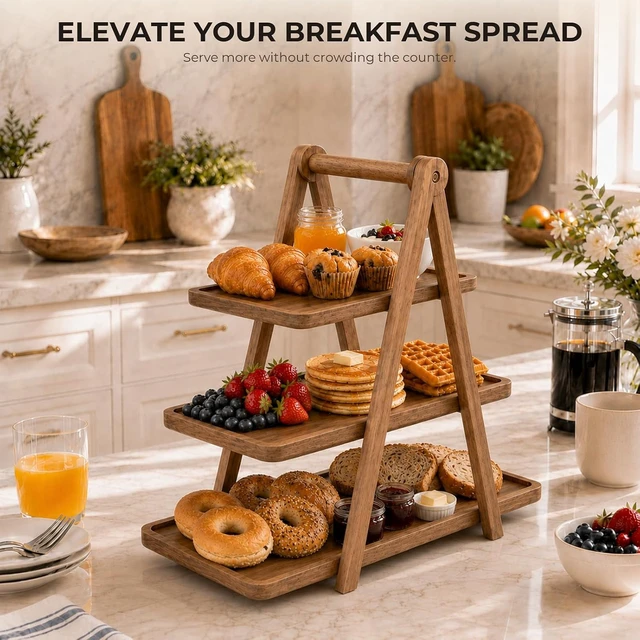 Alt view image 4 of 7 - Acacia Wood 3 Tier Foldable Serving Tray, Farmhouse Tiered Display Stand for Charcuterie, Cheese, Desserts & Snacks, Wooden Organizer for Kitchen Counter, Coffee Bar and Party Entertaining