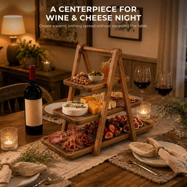 Alt view image 5 of 7 - Acacia Wood 3 Tier Foldable Serving Tray, Farmhouse Tiered Display Stand for Charcuterie, Cheese, Desserts & Snacks, Wooden Organizer for Kitchen Counter, Coffee Bar and Party Entertaining
