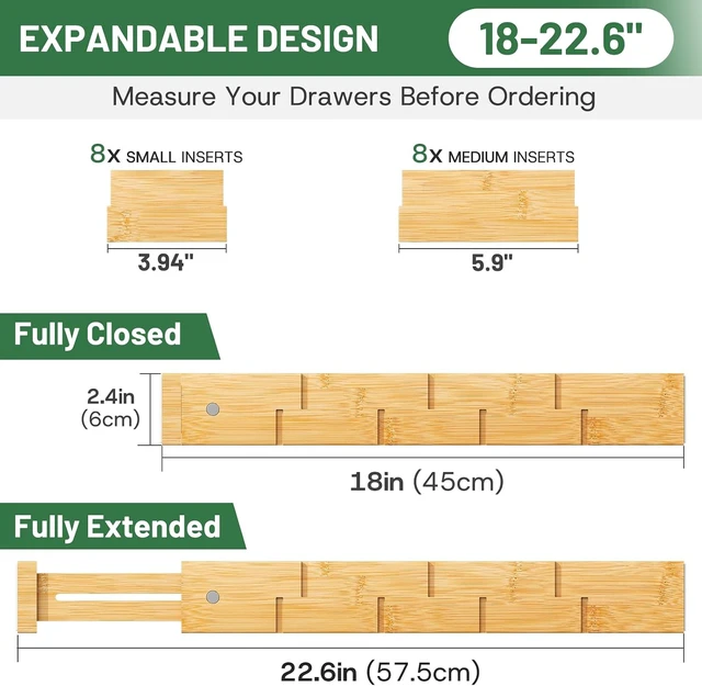 Alt view image 2 of 7 - Kitchen Drawer Dividers - Adjustable Drawer Organizer for Clothes, Kitchen, Closet & Office - 8 Pack with Inserts, 18-22.6 Inches, Non-Slip Silicone Ends