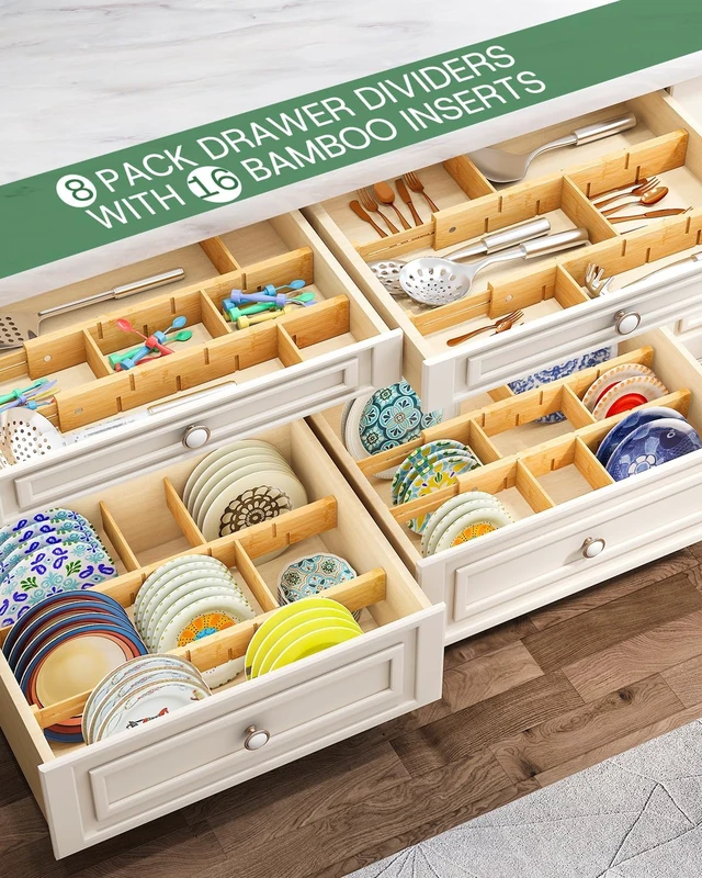 Alt view image 5 of 7 - Kitchen Drawer Dividers - Adjustable Drawer Organizer for Clothes, Kitchen, Closet & Office - 8 Pack with Inserts, 18-22.6 Inches, Non-Slip Silicone Ends