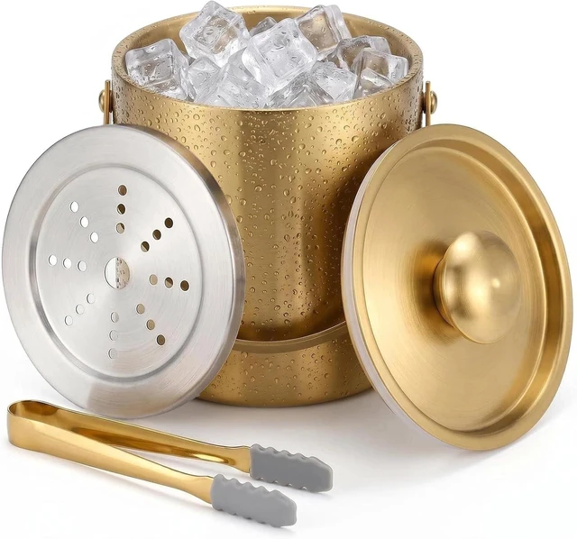 Main image of 3L Gold Ice Bucket with Lid & Tong, Double Wall Wine Chiller