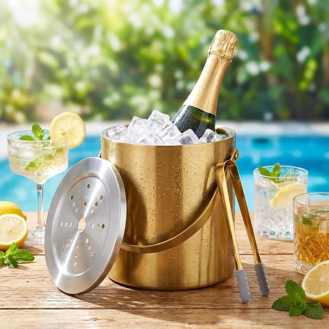 Alt view image 2 of 7 - 3L Gold Ice Bucket with Lid & Tong, Double Wall Wine Chiller