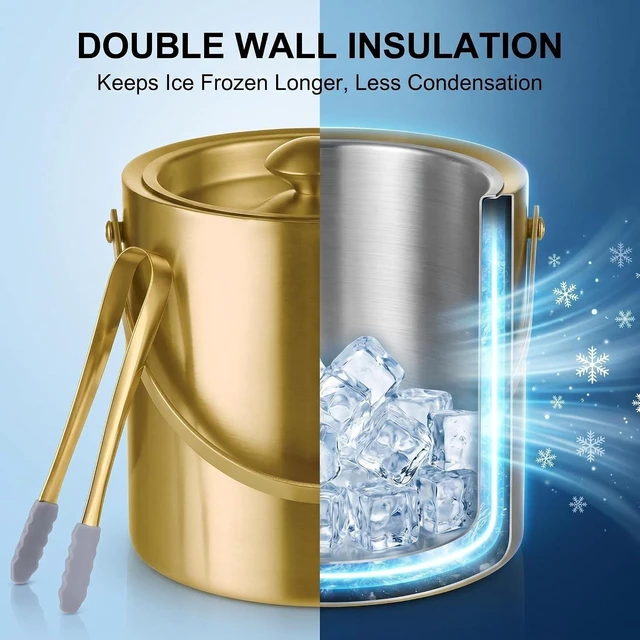 Alt view image 3 of 7 - 3L Gold Ice Bucket with Lid & Tong, Double Wall Wine Chiller