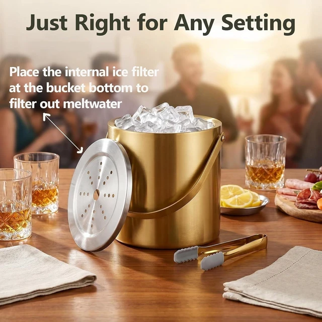 Alt view image 4 of 7 - 3L Gold Ice Bucket with Lid & Tong, Double Wall Wine Chiller