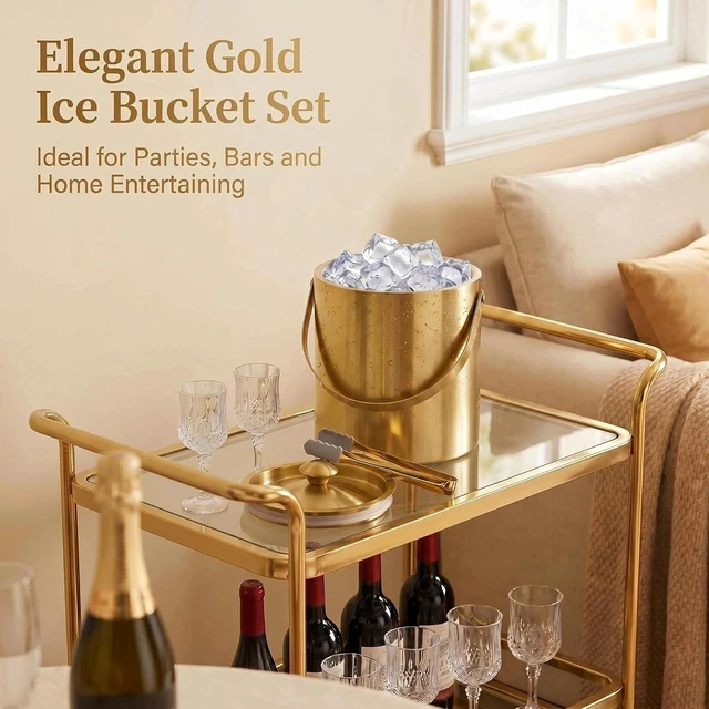 Alt view image 5 of 7 - 3L Gold Ice Bucket with Lid & Tong, Double Wall Wine Chiller