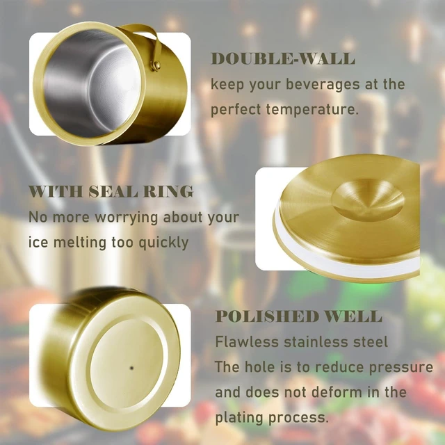 Alt view image 6 of 7 - 3L Gold Ice Bucket with Lid & Tong, Double Wall Wine Chiller