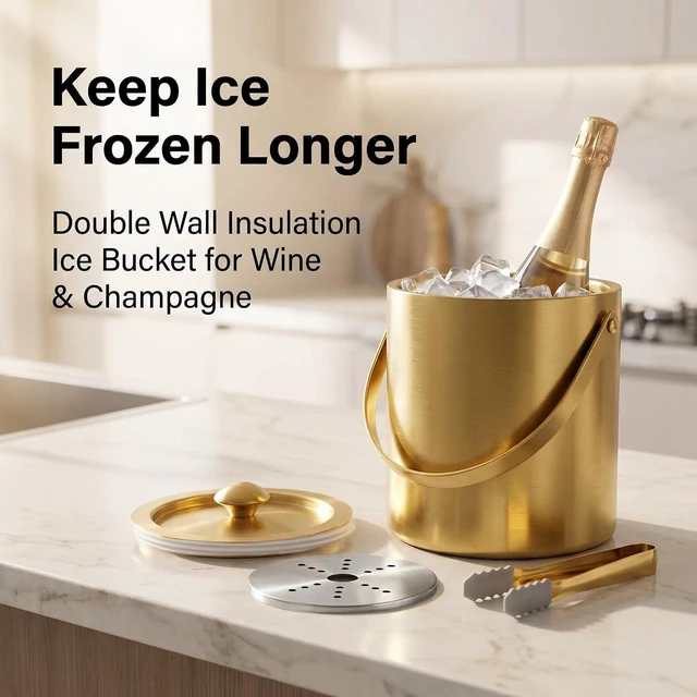 Alt view image 7 of 7 - 3L Gold Ice Bucket with Lid & Tong, Double Wall Wine Chiller