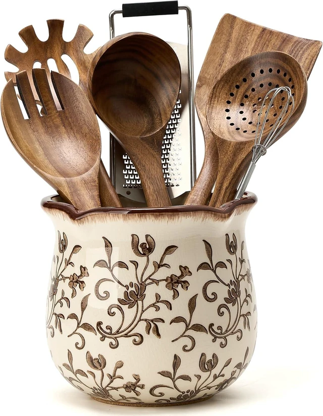 Main image of 5.75" H Brown Wide Cooking Utensil Holder for Kitchen Counter, Modern Farmhouse Rustic Utensil Holder and Crock Home Kitchen Decor, Vintage Chinoiserie Floral Ceramic Utensil Organizer