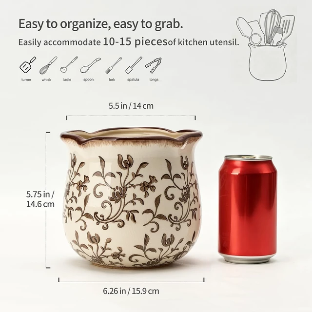 Alt view image 2 of 7 - 5.75" H Brown Wide Cooking Utensil Holder for Kitchen Counter, Modern Farmhouse Rustic Utensil Holder and Crock Home Kitchen Decor, Vintage Chinoiserie Floral Ceramic Utensil Organizer