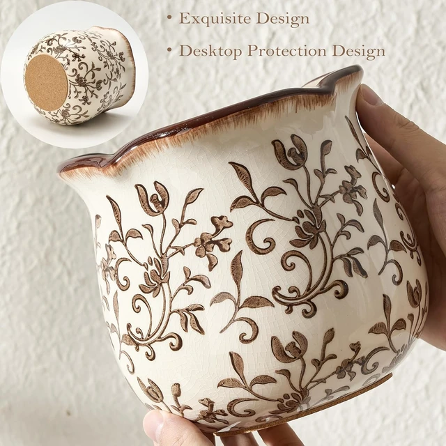 Alt view image 3 of 7 - 5.75" H Brown Wide Cooking Utensil Holder for Kitchen Counter, Modern Farmhouse Rustic Utensil Holder and Crock Home Kitchen Decor, Vintage Chinoiserie Floral Ceramic Utensil Organizer