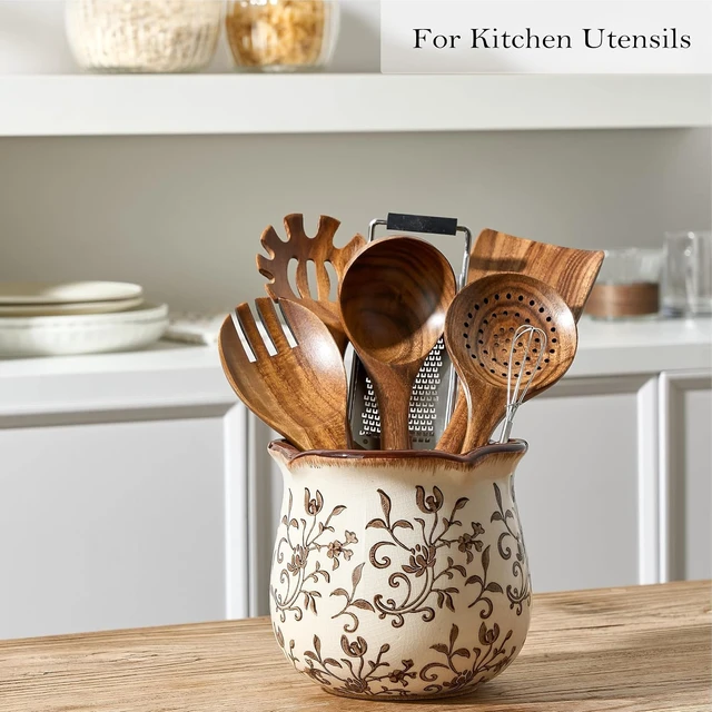Alt view image 4 of 7 - 5.75" H Brown Wide Cooking Utensil Holder for Kitchen Counter, Modern Farmhouse Rustic Utensil Holder and Crock Home Kitchen Decor, Vintage Chinoiserie Floral Ceramic Utensil Organizer