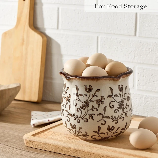 Alt view image 5 of 7 - 5.75" H Brown Wide Cooking Utensil Holder for Kitchen Counter, Modern Farmhouse Rustic Utensil Holder and Crock Home Kitchen Decor, Vintage Chinoiserie Floral Ceramic Utensil Organizer