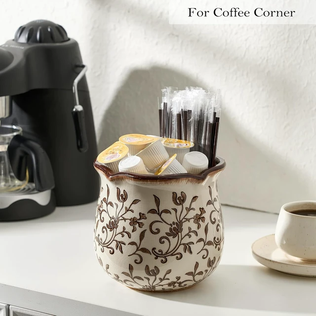 Alt view image 6 of 7 - 5.75" H Brown Wide Cooking Utensil Holder for Kitchen Counter, Modern Farmhouse Rustic Utensil Holder and Crock Home Kitchen Decor, Vintage Chinoiserie Floral Ceramic Utensil Organizer