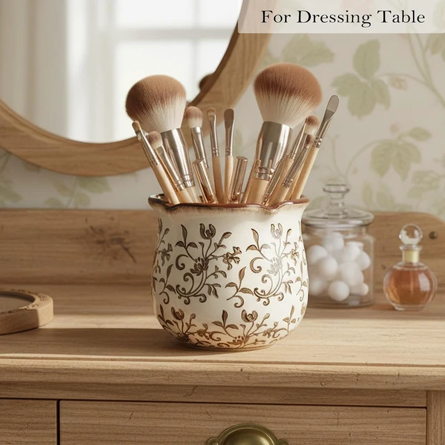 Alt view image 7 of 7 - 5.75" H Brown Wide Cooking Utensil Holder for Kitchen Counter, Modern Farmhouse Rustic Utensil Holder and Crock Home Kitchen Decor, Vintage Chinoiserie Floral Ceramic Utensil Organizer