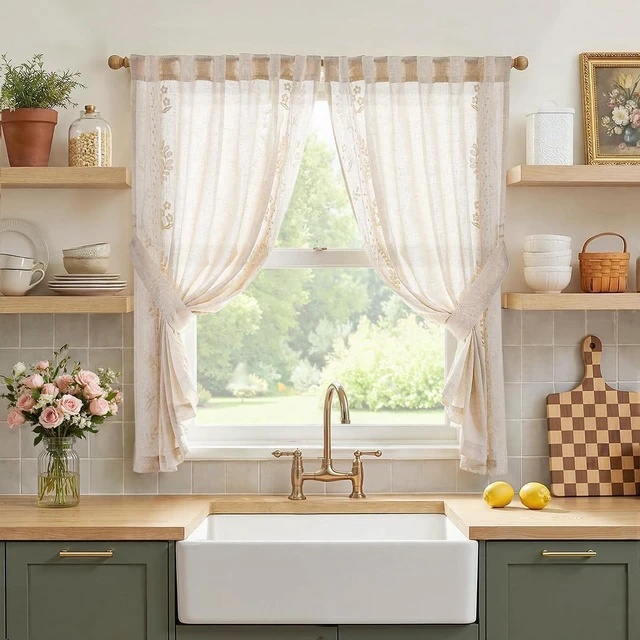 Main image of Ivory Floral Linen Kitchen Tier Curtains 50x45 Inch 2 Panels