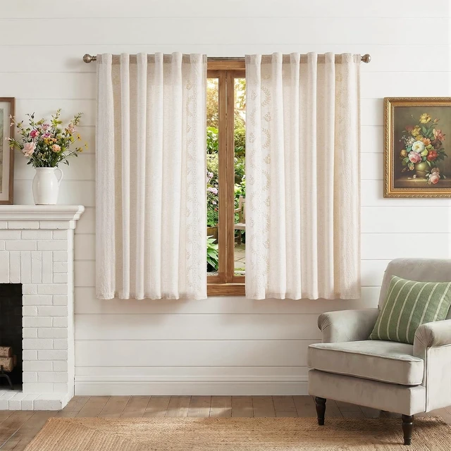 Alt view image 2 of 7 - Ivory Floral Linen Kitchen Tier Curtains 50x45 Inch 2 Panels