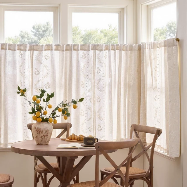 Alt view image 3 of 7 - Ivory Floral Linen Kitchen Tier Curtains 50x45 Inch 2 Panels