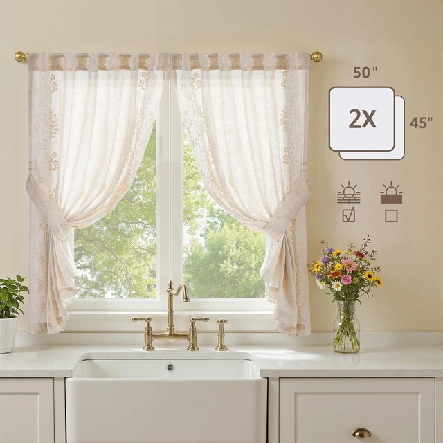 Alt view image 5 of 7 - Ivory Floral Linen Kitchen Tier Curtains 50x45 Inch 2 Panels