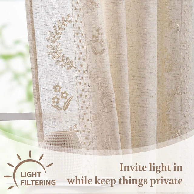 Alt view image 6 of 7 - Ivory Floral Linen Kitchen Tier Curtains 50x45 Inch 2 Panels