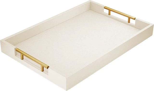 Main image of 17"x12" Leather Serving Tray, Gold Handle Vanity Platter, Beige