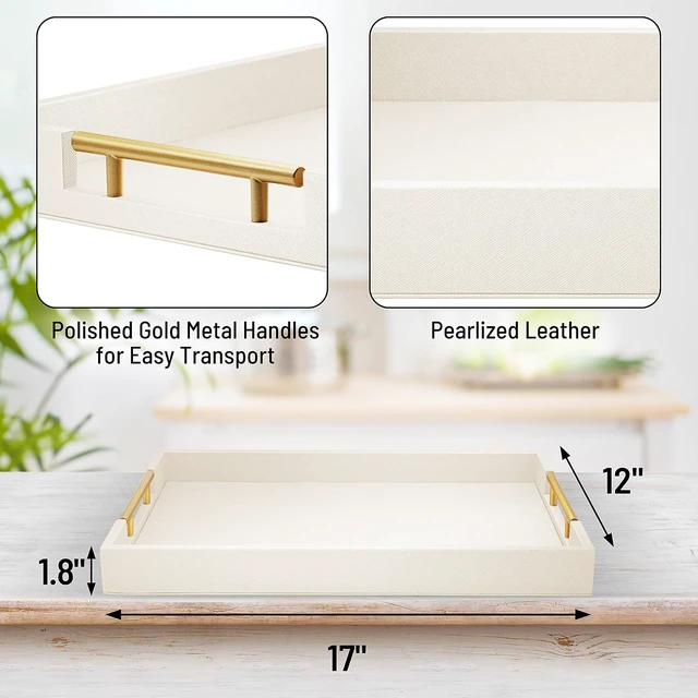 Alt view image 2 of 7 - 17"x12" Leather Serving Tray, Gold Handle Vanity Platter, Beige