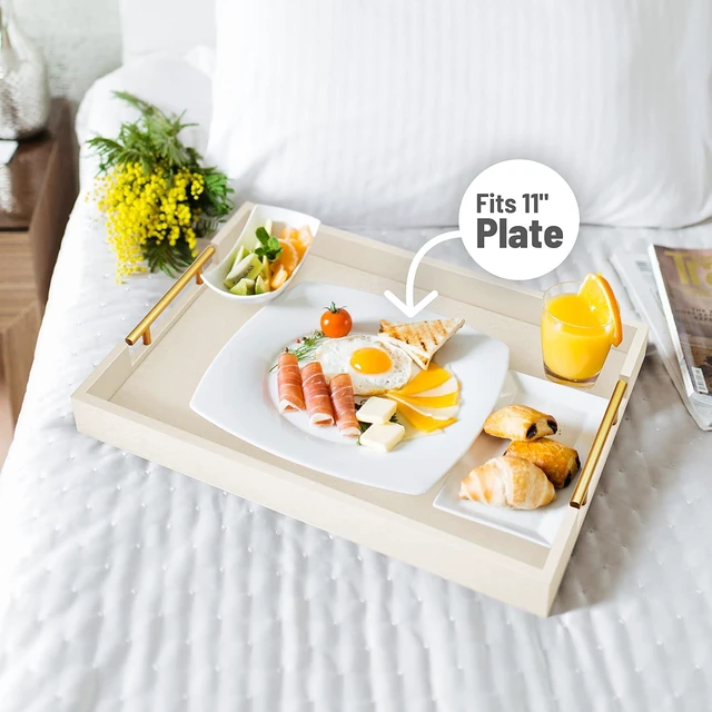 Alt view image 3 of 7 - 17"x12" Leather Serving Tray, Gold Handle Vanity Platter, Beige