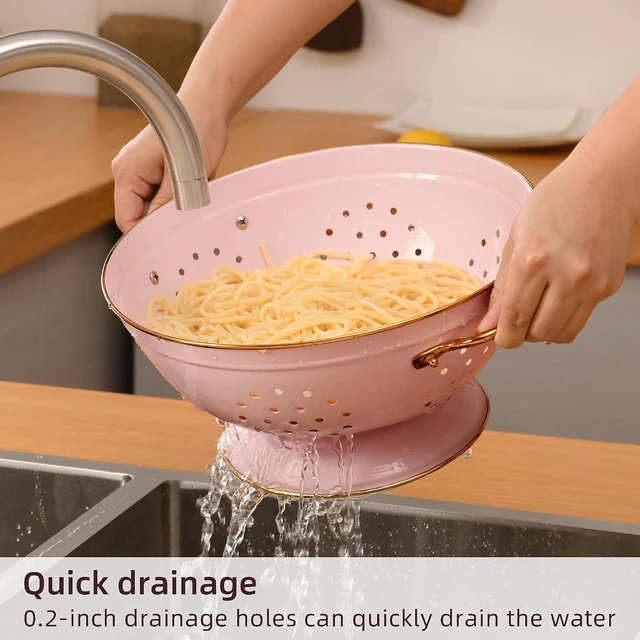 Alt view image 3 of 7 - Metal Colander Set of 2, Strainer Basket with Handles 3.5 & 5 Qt Powder Coated Self-draining Solid Ring Base Metal Large Kitchen Colander Bowel for Pasta Vegetable Fruit (PINK)