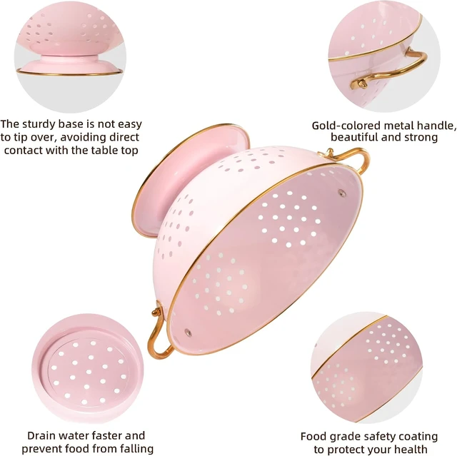 Alt view image 5 of 7 - Metal Colander Set of 2, Strainer Basket with Handles 3.5 & 5 Qt Powder Coated Self-draining Solid Ring Base Metal Large Kitchen Colander Bowel for Pasta Vegetable Fruit (PINK)